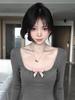 Women's Slim Fit Bow Square Neck T-shirt - Contrast Color, Long Sleeve, Waist Cinched, Sweet and Spicy Style, 260g Cotton Modal.