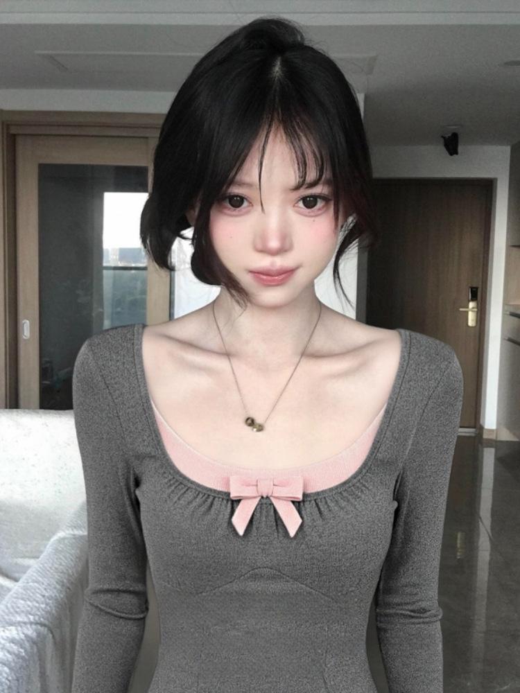 Women's Slim Fit Bow Square Neck T-shirt - Contrast Color, Long Sleeve, Waist Cinched, Sweet and Spicy Style, 260g Cotton Modal.