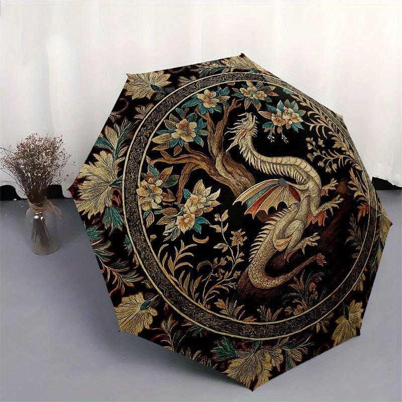 Dragon and Floral Tapestry Rug: Elegant Circular Design for Your Home Decor Umbrella, Portable 3-Fold Compact Umbrella for Men & Women R116