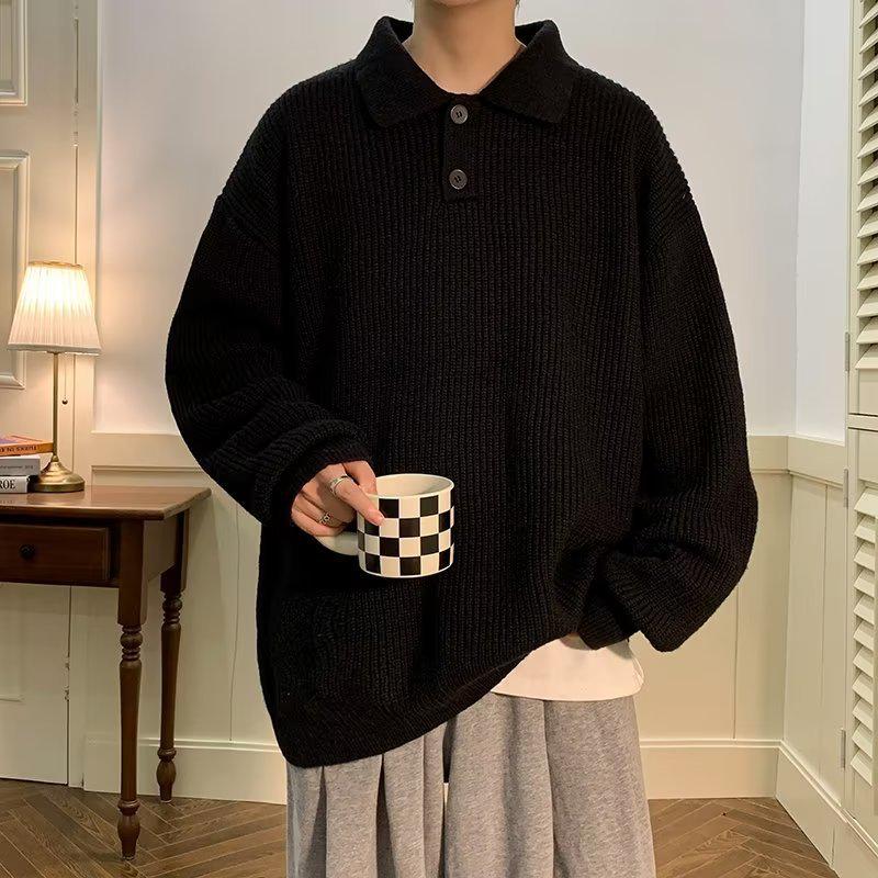 Men's Retro Oversized Coffee Polo Collar Sweater - Japanese Minimalist Style