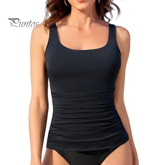 

Летний женский жилет с подкладками для груди, круглый вырез, консервативный топ для плавания, без рукавов, облегающий плиссированный эластичный пляжный топ S чёрный