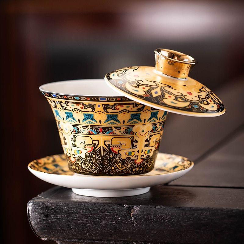 360° Hovering Lid Gaiwan – Jade Porcelain Three-Part Chinese Tea Bowl for Gongfu Brewing