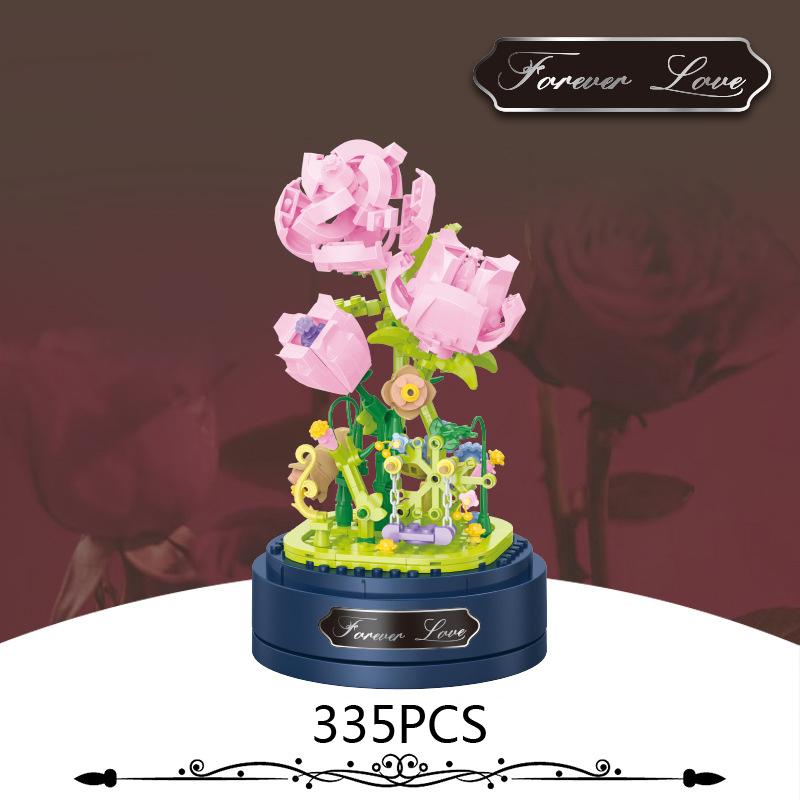 Creative Building Bricks Eternal Flowers Music Box With Dust Cover Chrysanthemum Rose Mini Block Construction Toys For Girl Gift
