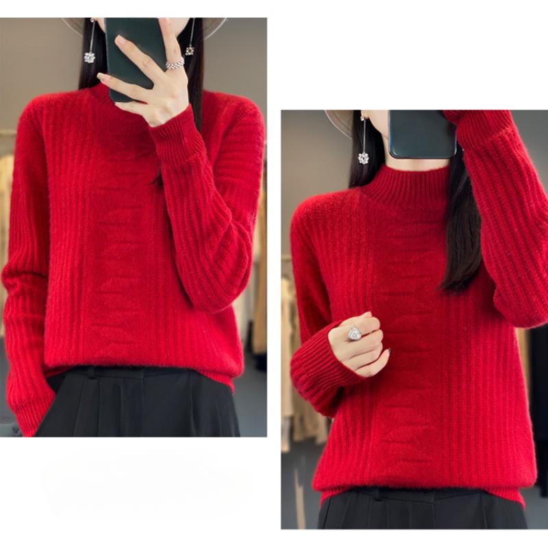 IHUASU Autumn and Winter Wool Sweater Women's Semi-high Neck Jumper Loose Large Size Versatile Knitted Bottoming Shirt Thin Cashmere Sweater