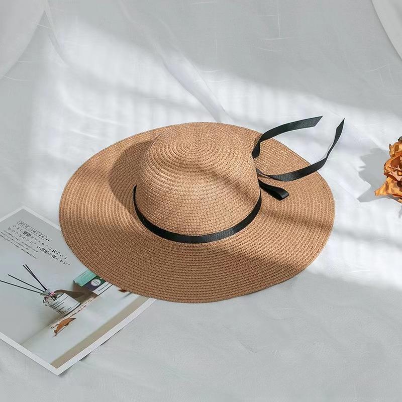 1Pc Wide Brim Summer Straw Hats Foldable Bow Design Foldable Beach Sun HatS for Women Korean Style Seaside Travel Accessory