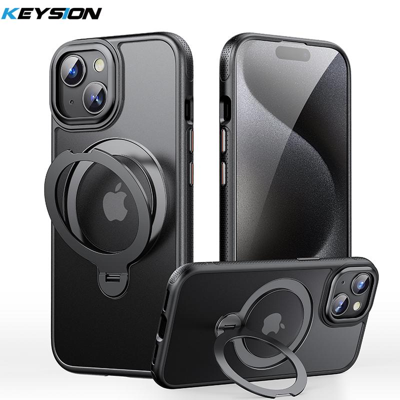

KEYSION Чехол-подставка с магнитным кольцом, вращающимся на 360°, для MagSafe для iPhone 13 14 15 Pro Max, прозрачный матовый противоударный чехол для телефона for iPhone 15 чёрный