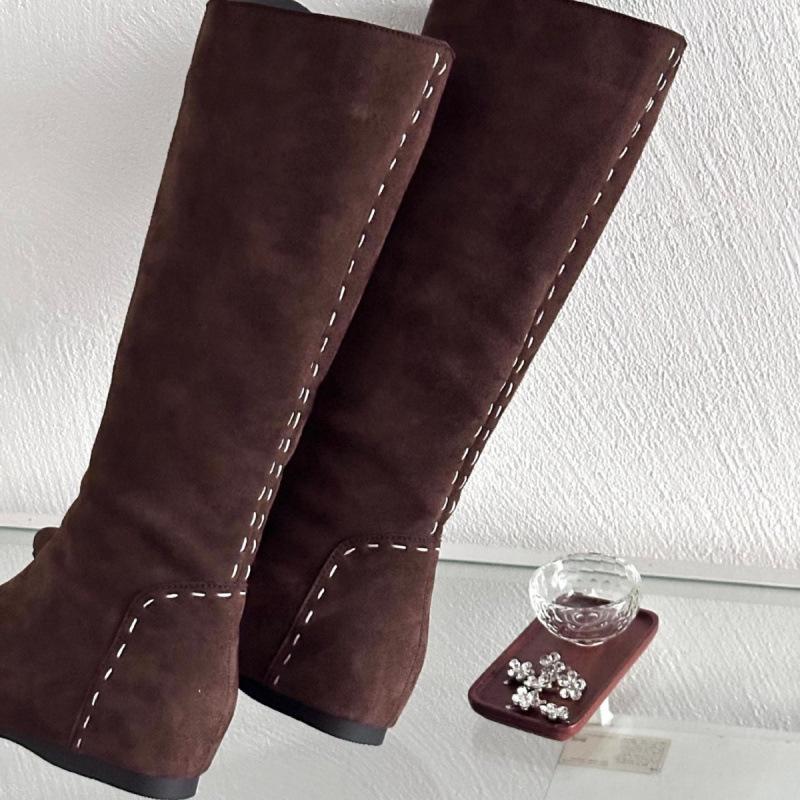 Design sewing thread retro 2025 winter new pointed head inner height increase suede tall tube western cowboy boots women