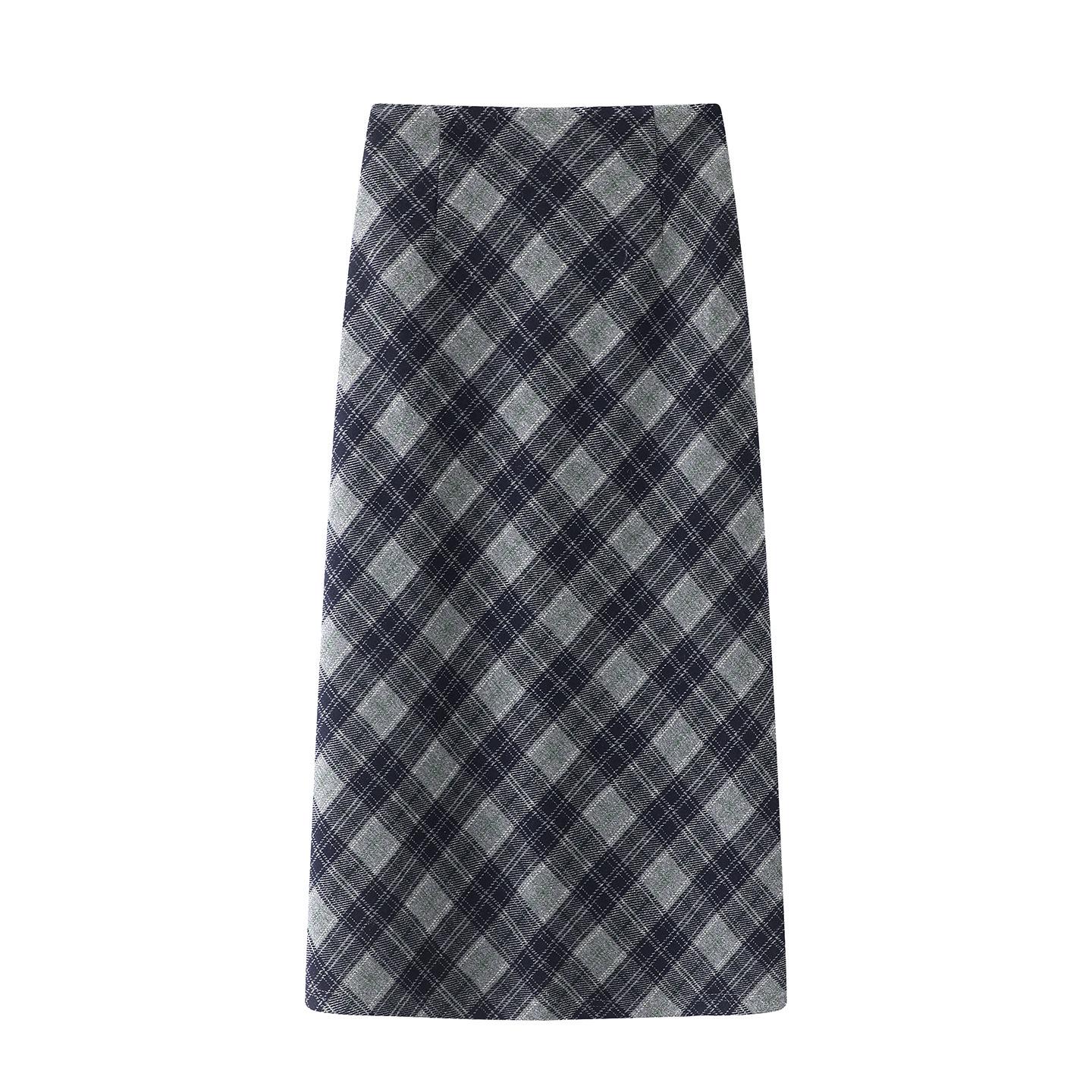 Autumn 2025 Retro Plaid Waist-Cinched Long Skirt for Women M
