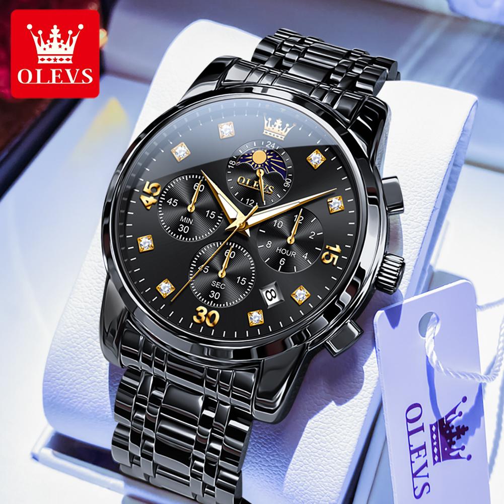 OLEVS 3652 Quartz Watches for Man Steel Strap Multi-functional Waterproof Luminous Chronograph Moon Phase Men's Wrist Watches