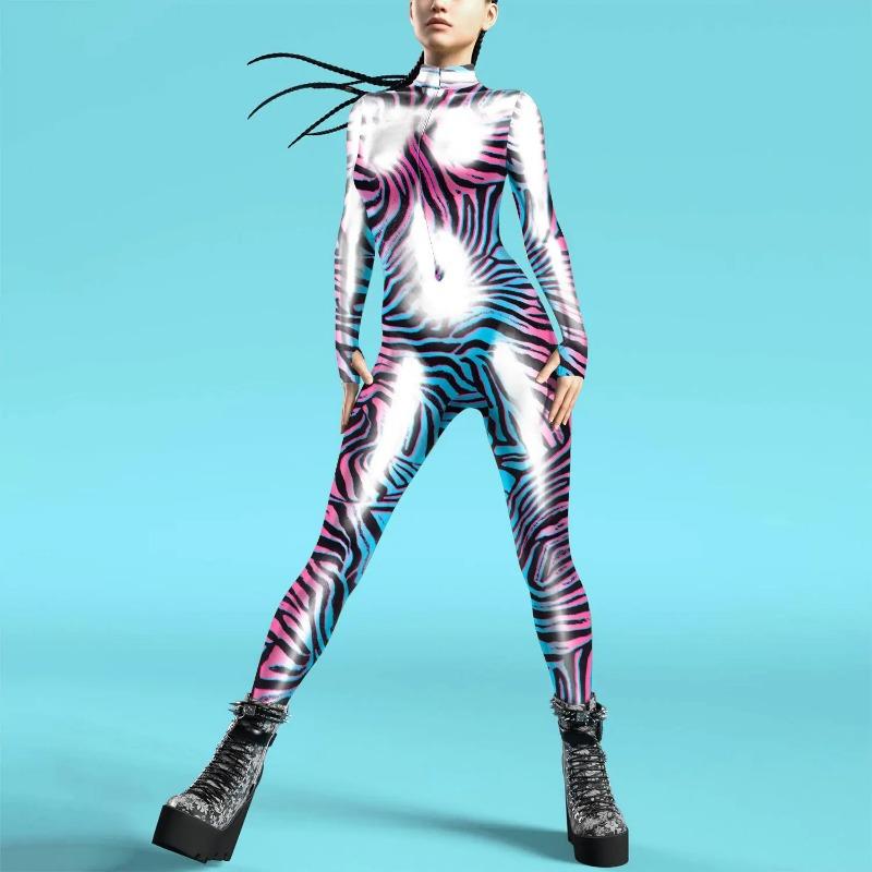 Women Jumpsuit clothing Colorful Texture 3D Print Bodysuit Thumb Sleeves Cosplay Costume Front Zipper Zentai Fitness Outfit
