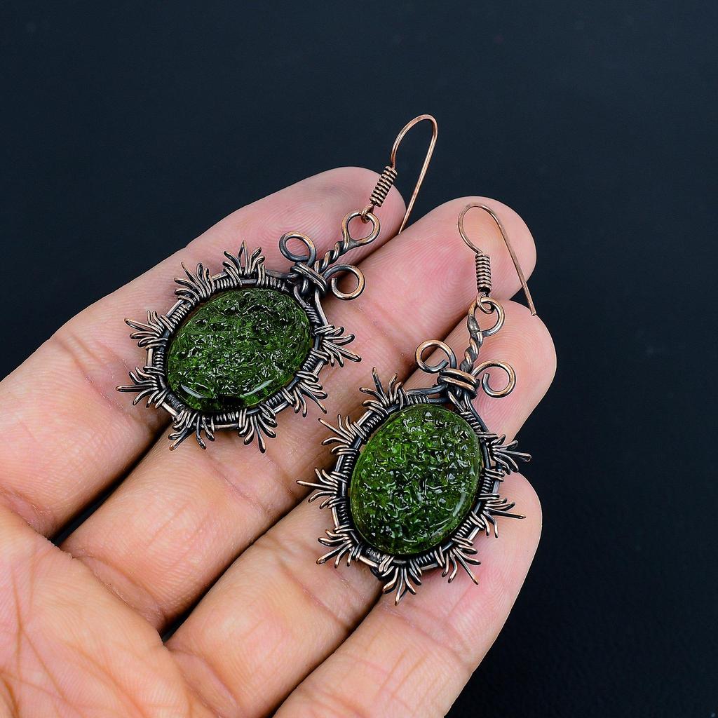 Moldavite Earrings, 999 Copper Wire Wrapped Gemstone Jewelry, Handmade  Earrings For Mother Day
