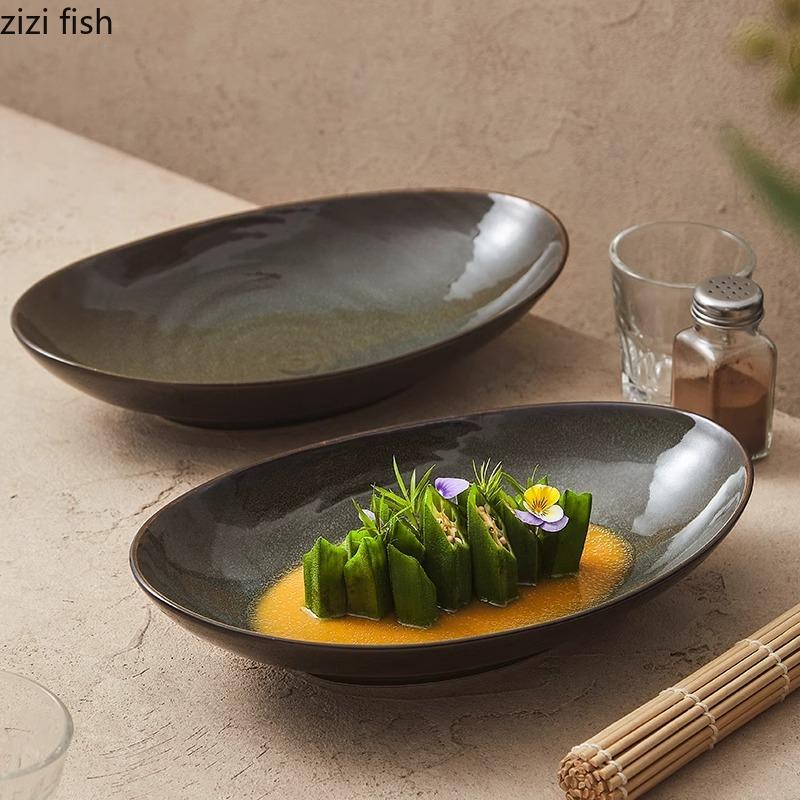 Olive Green Oval Fish Plate Kiln Changes Deep Plate Thick Soup Plate Sashimi Plates Service Plates Hotel Creative Tableware
