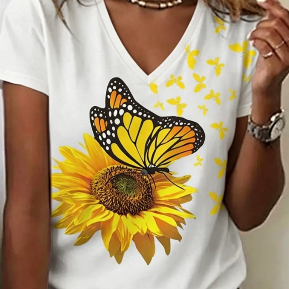 Summer Women's 3D Printed V-Neck T-Shirt Fashion Versatile Breathable Trend Casual