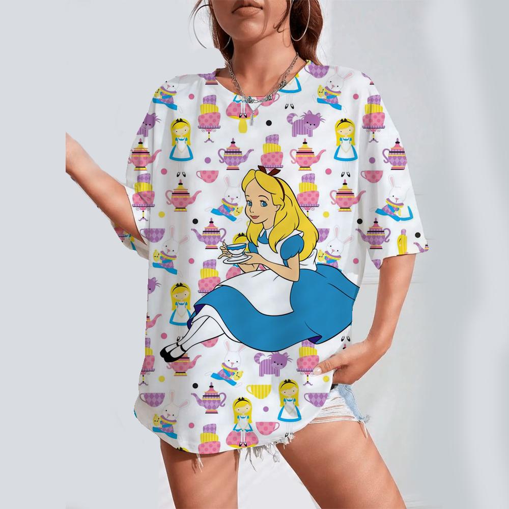 2025 Cartoon Printed Women's T-shirt Disney Princess Printed Summer Short sleeved T-shirt Harajuku Casual Round Neck Top