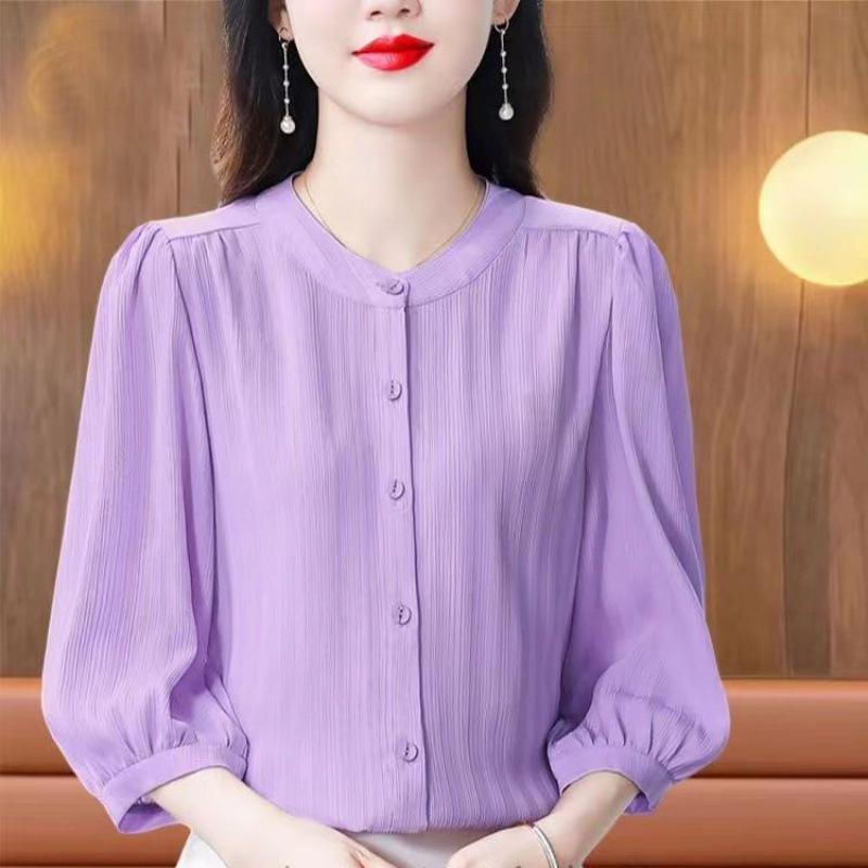 

Женская летняя блузка с круглым вырезом, однотонная, универсальная - модный топ с длинным рукавом для мамы SSX for ~60 jin фиолетовый