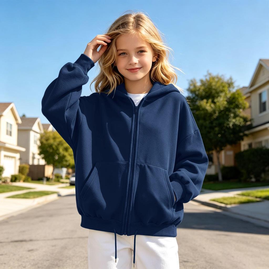 Kids Color Long Sleeve Hooded Zip-Up Sweatshirt Jacket with Hem for Medium and Big Kids