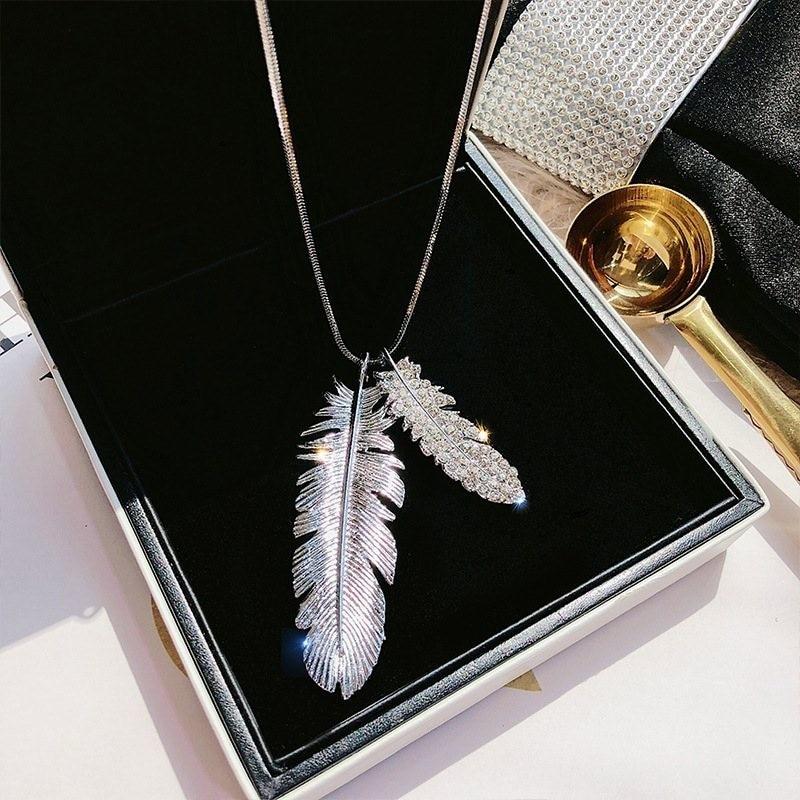 Dichiarazione Foglie Piuma A Forma Di Collane Lunghe Per Le Donne Collana Choker Di Cristallo Pendenti Catena Di Maglioni Alla Moda Gioielli Con Ciondoli Regali