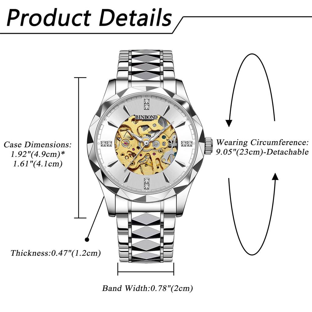 Montre squelette automatique, étanche jusqu'à 3 ATM, lumineuse, analogique, en acier inoxydable, simple, élégante, décontractée, pour affaires, accessoires de mode, anniversaire, Noël