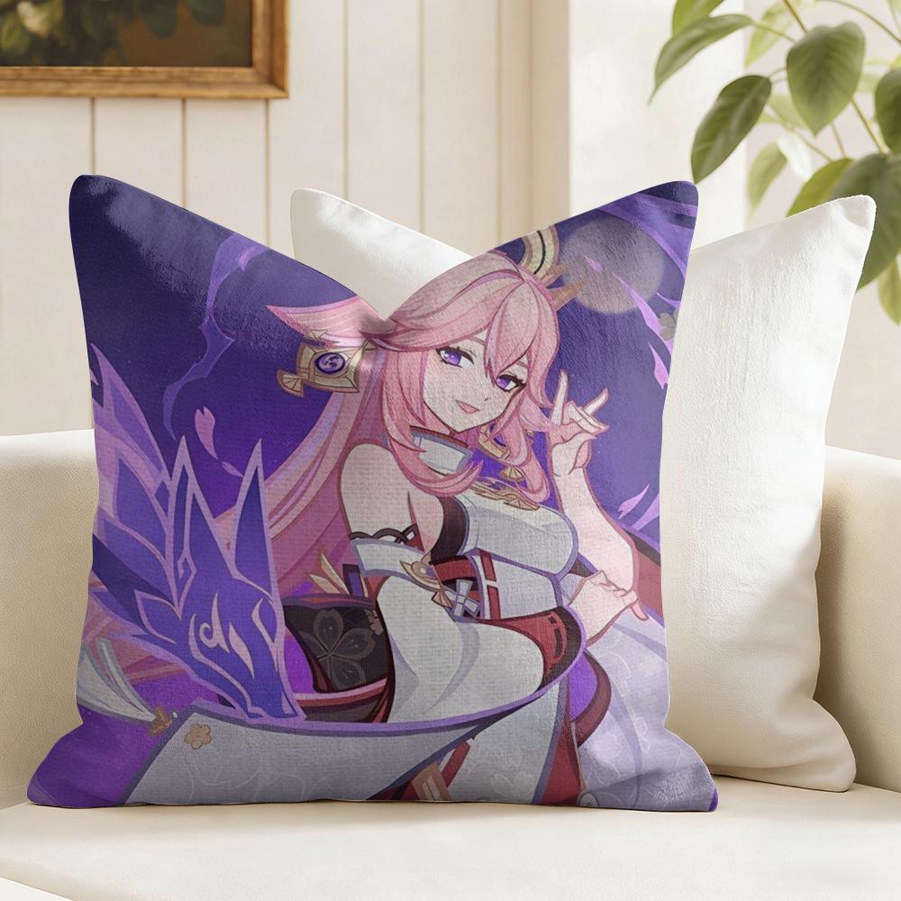 Yae Shrine Maiden Genshin Impact Cushion Cover Natural Linen Double Sided Print Throw Pillow Case for Sofa Couch Home Decor