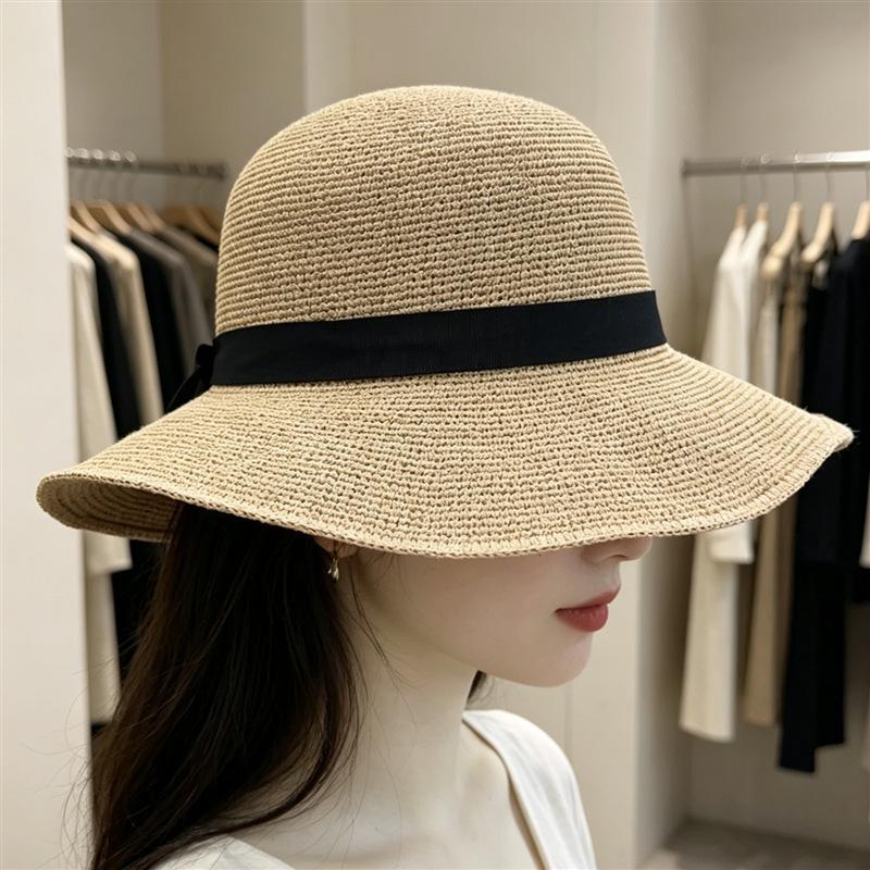 Fine woven Lafite straw hat women's sunshade sunscreen bucket hat seaside sun hat children's UV protection brim sun hat