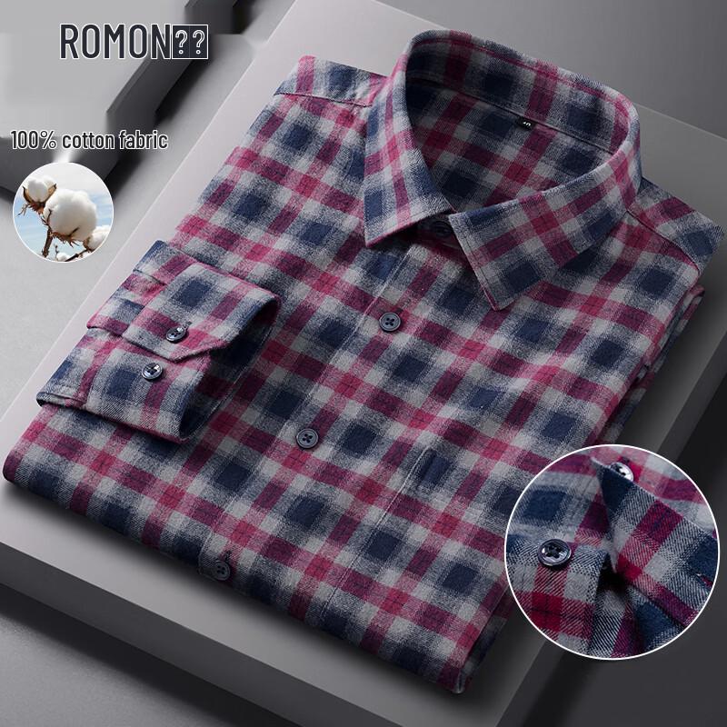 Romon Men's Brushed Cotton Plaid Long Sleeve Casual Shirt