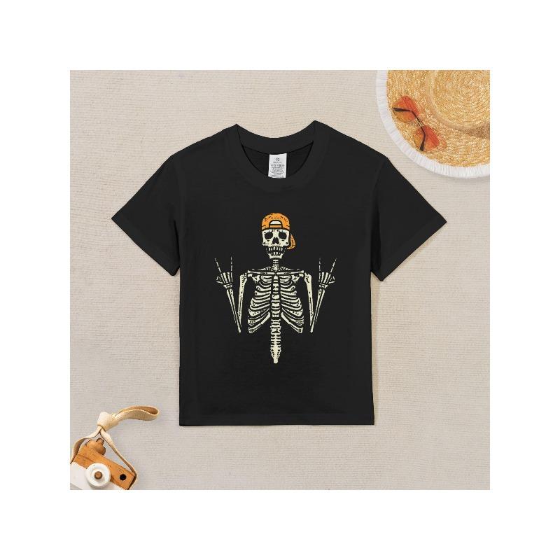 

European sizes Boys Punk Rock Skull Graphic T-Shirt- Black with Orange Accents, Short Sleeve Crew Neck Casual Top 98cm чёрный