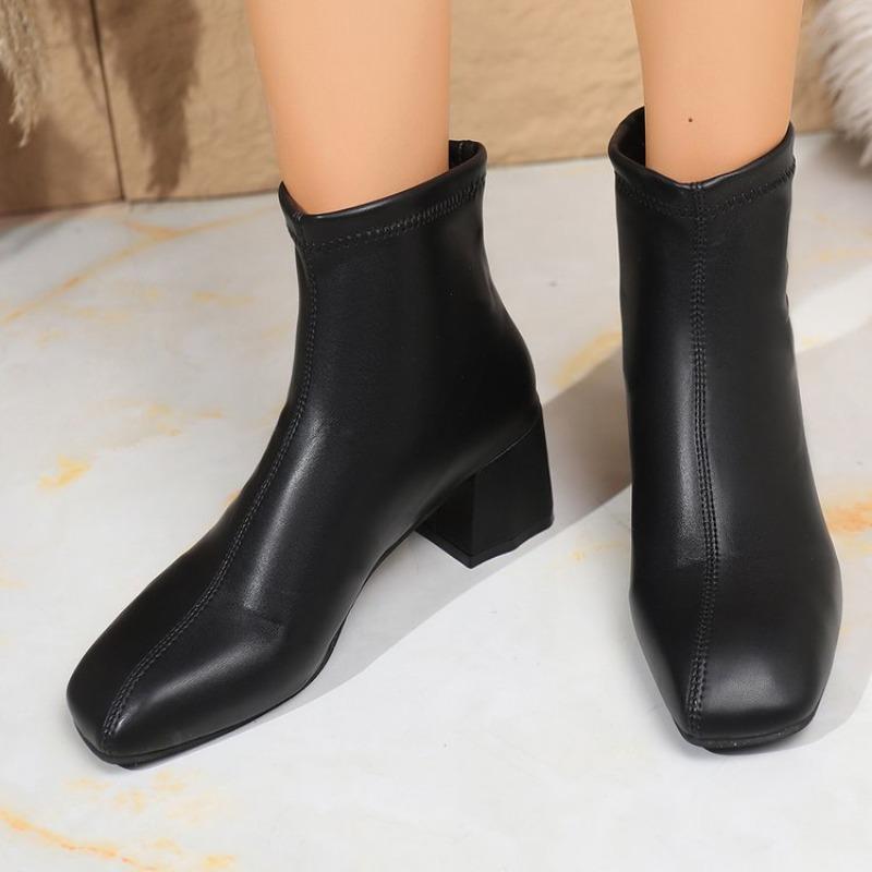 Square head thick heel women's leather boots autumn and winter new zipper small thin boots fashion leather boots
