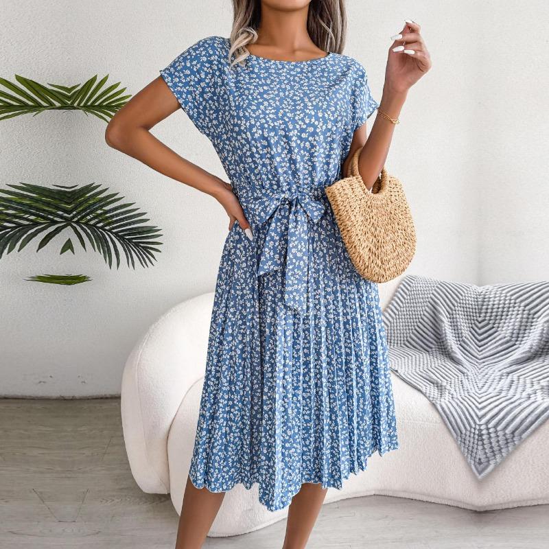 Spring Summer Women Short Sleeve Floral Pleated High Waist A Line Long Dress S-XL