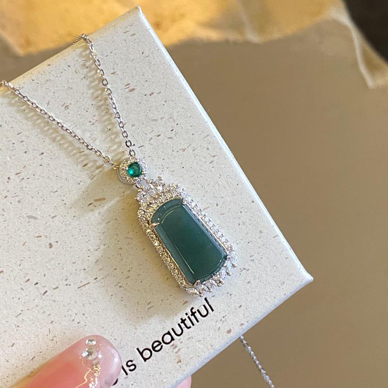Bai Nian Yin Fang 925 Sterling Silver Green Jade Necklace for Women - Stylish Temperament Silver Jewelry Set