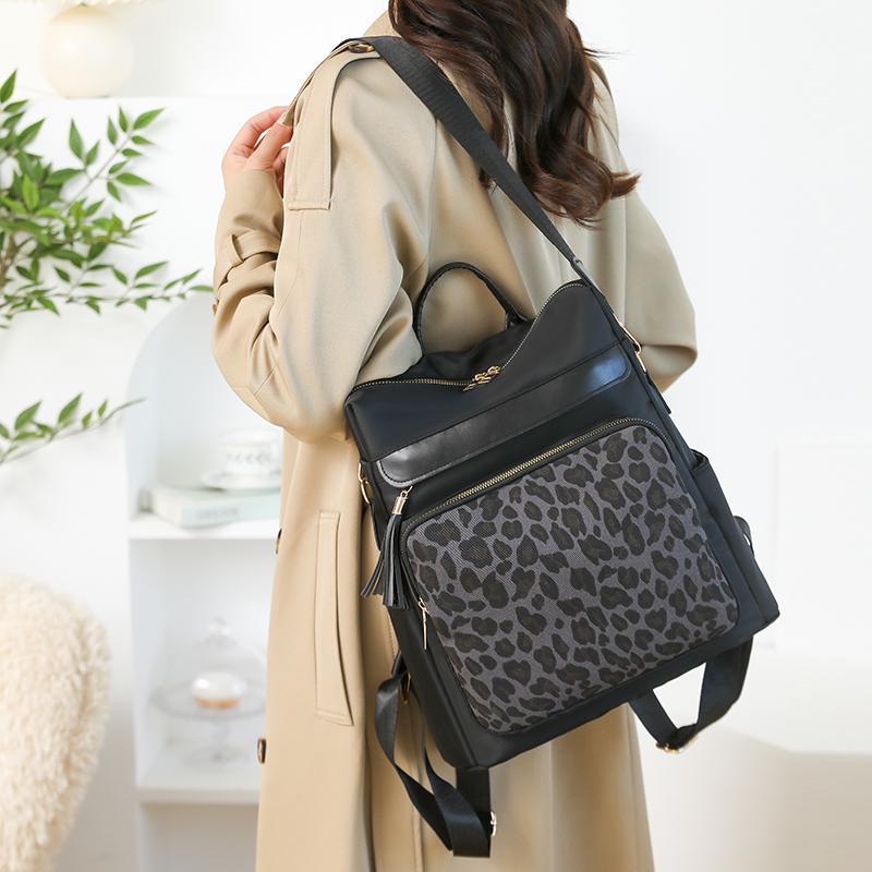 Vintage Leopard Print Stitching Backpack Multi-functional Shoulder Bag Large Capacity Student Backpack