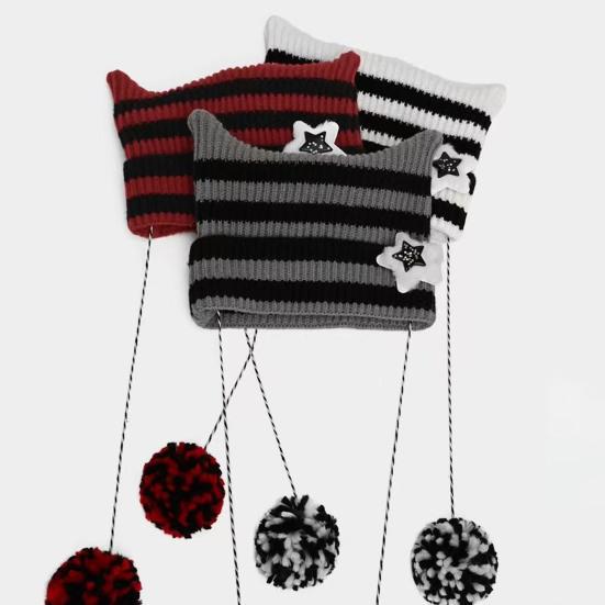 Winter Knitted Hat Cat Ear Design Plush Ball Decor Striped Print Windproof Warm Women Hat Cold Weather Headwear