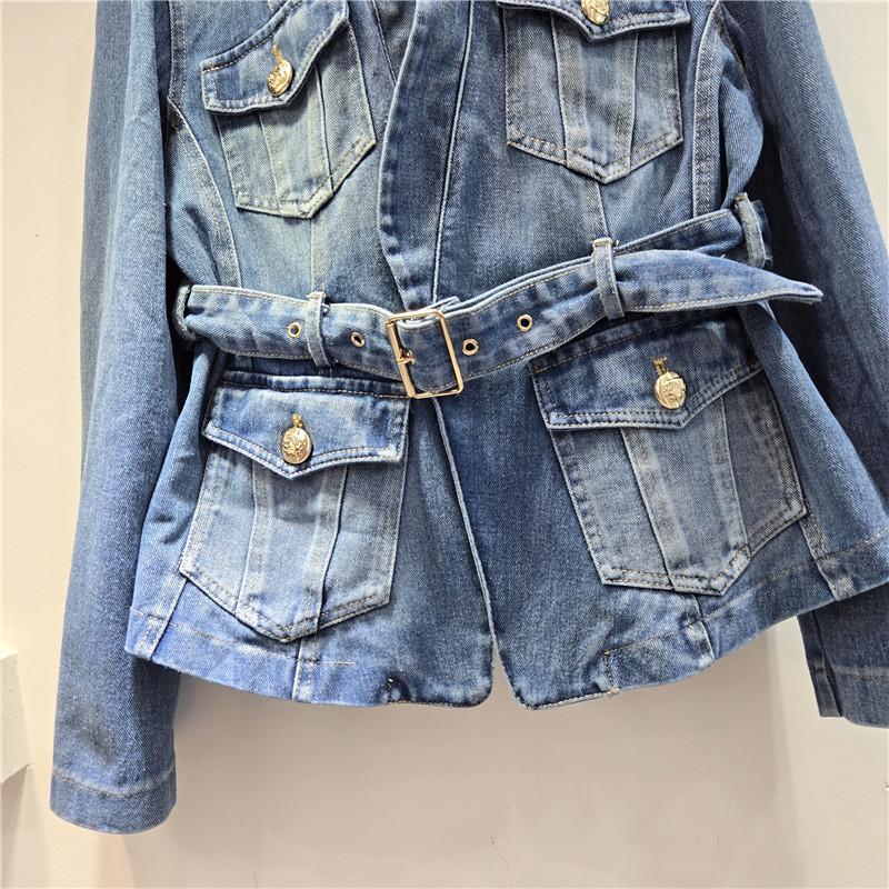 European 2026 Spring V-neck Waist-cinching Slim-fit Lace-up Pocket Belted Jacket Coat