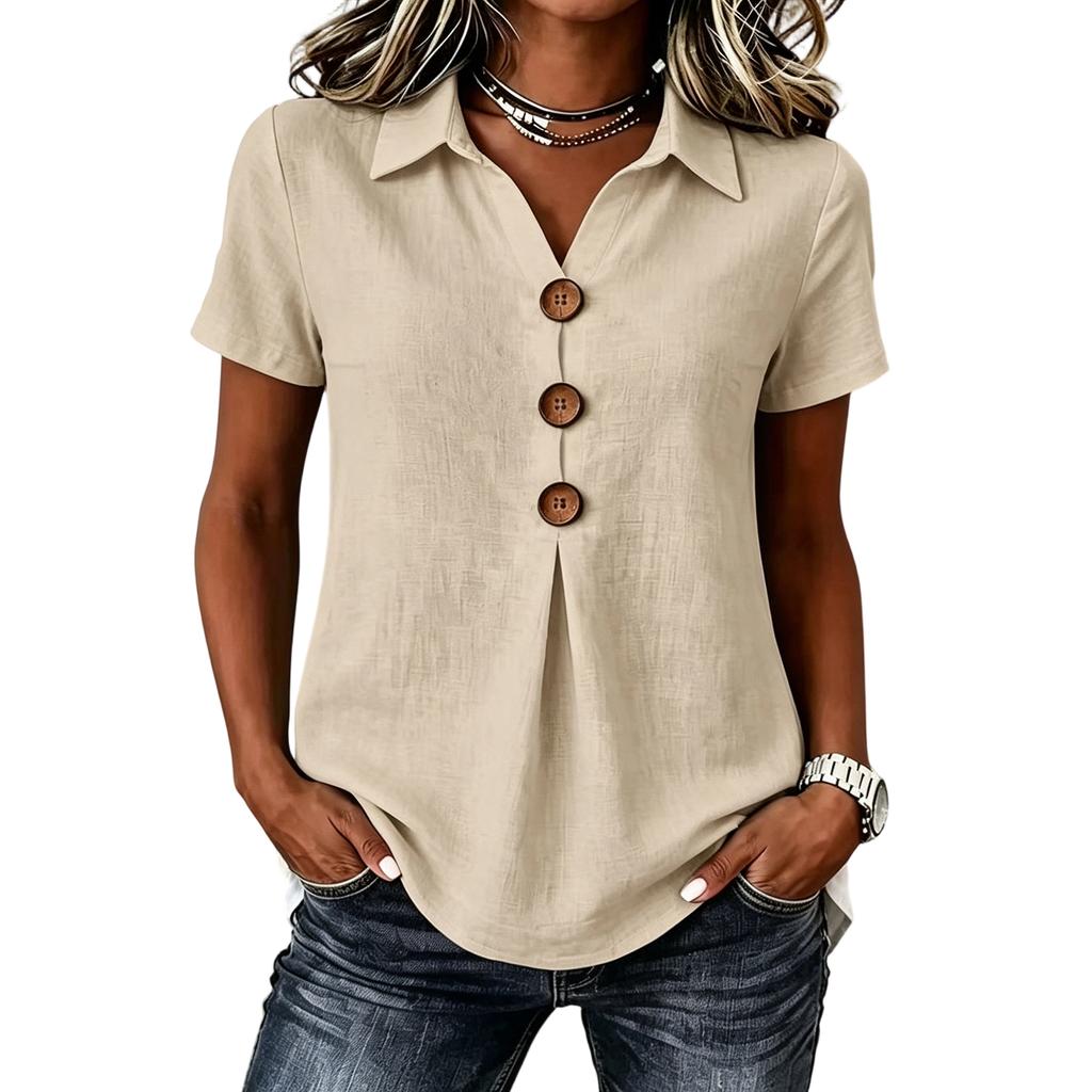 Women's Casual V Neck Button Front Shirt Short Sleeve Collared Blouse Lightweight Loose Fit Summer Top