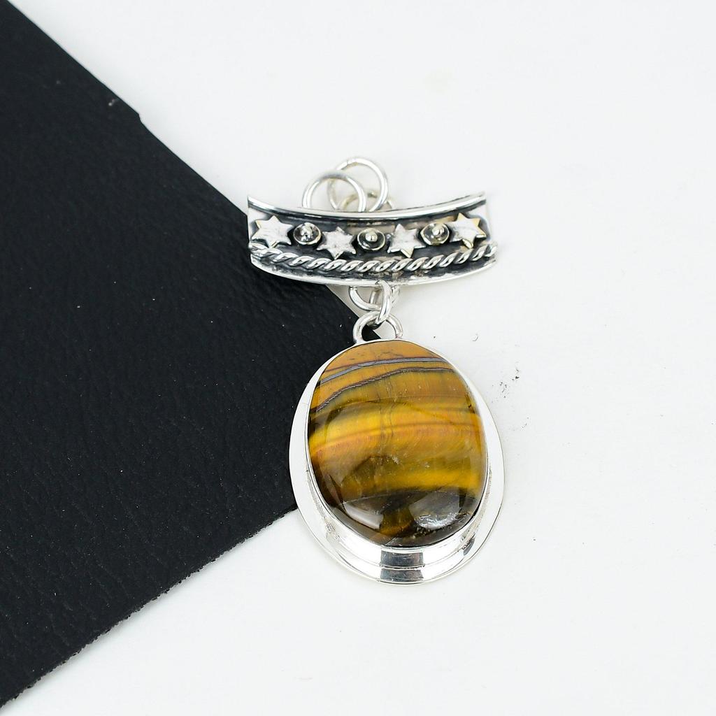 Natural Tiger Eye Gemstone Silver Pendant In 925 Sterling Silver- Handmade Design, Everyday Wear Jewelry, Unique Tiger Eye Pendant Wadding Gifts