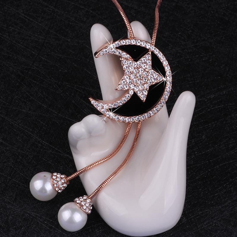 Fashionable Korean Style Long Pearl Pendant Necklace With Star And Moon Tassel
