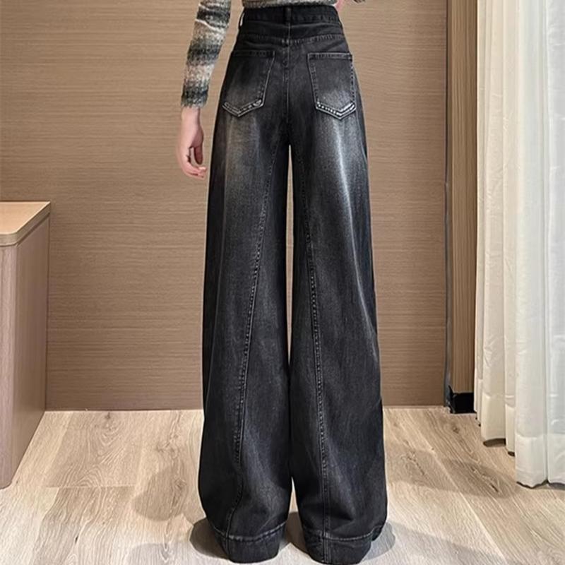 Wide Leg Jeans for Women High Waisted Slim fit Loose fit With Fleece Black Gray Drape Straight Leg Pants K