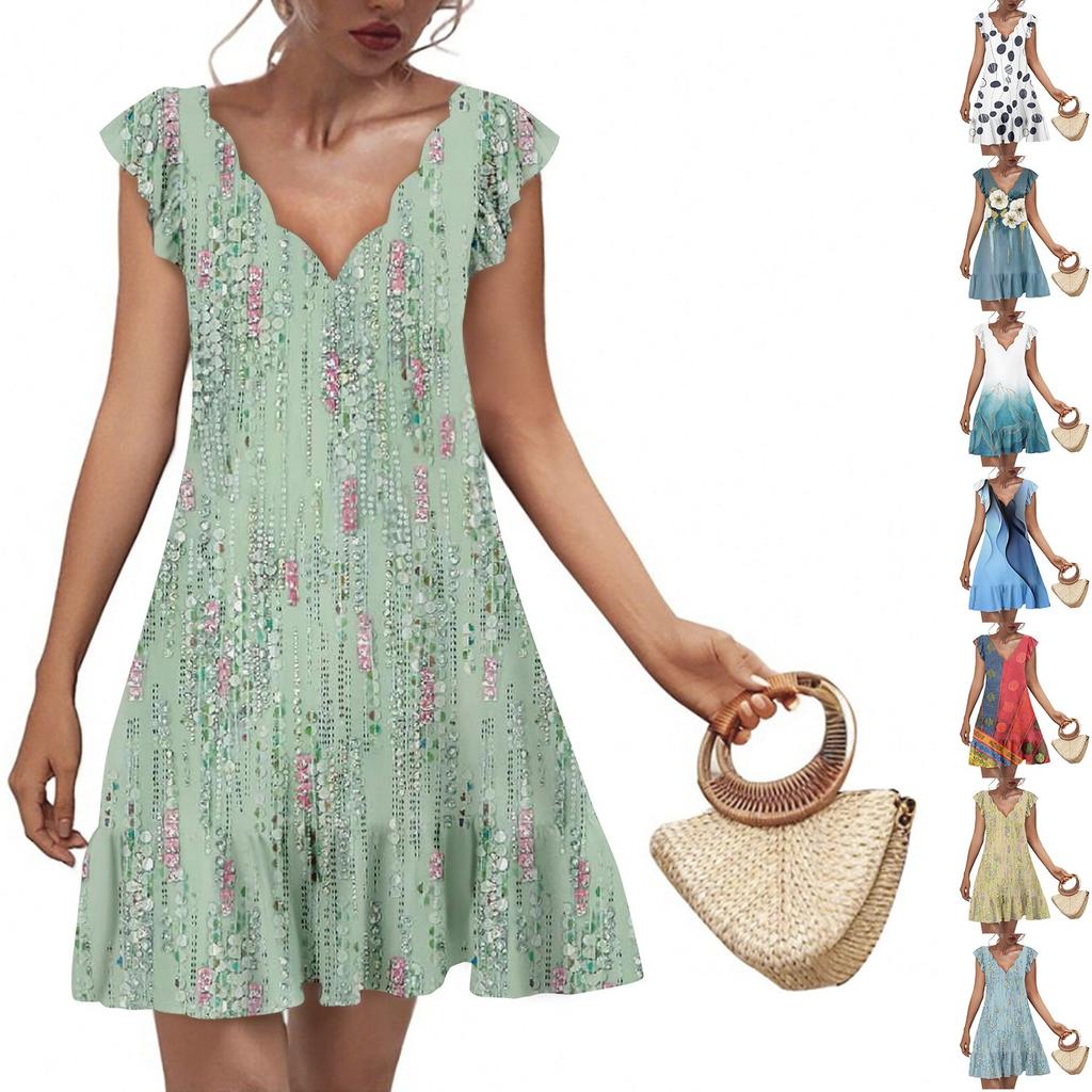 Women's Fashion Casual V Neck Wavy Edge Print Short Sleeve Dress