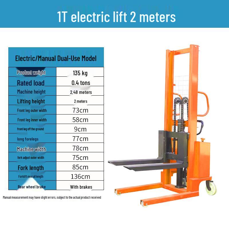 Manual and Electric Hydraulic Stacker: 1-2 Ton Capacity Forklift & Lifting Truck