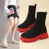 Spring Autumn New Women's Mid Calf Hoof Heels Sock Boots Slip on Round Toe Shoes for Women Ladies Breathable Platform Boots