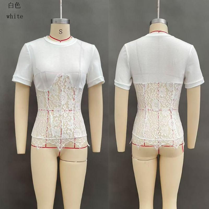 Nuovo Top Corto Estivo da Donna Sexy con Scollo Rotondo, Pizzo Trasparente e Inserti