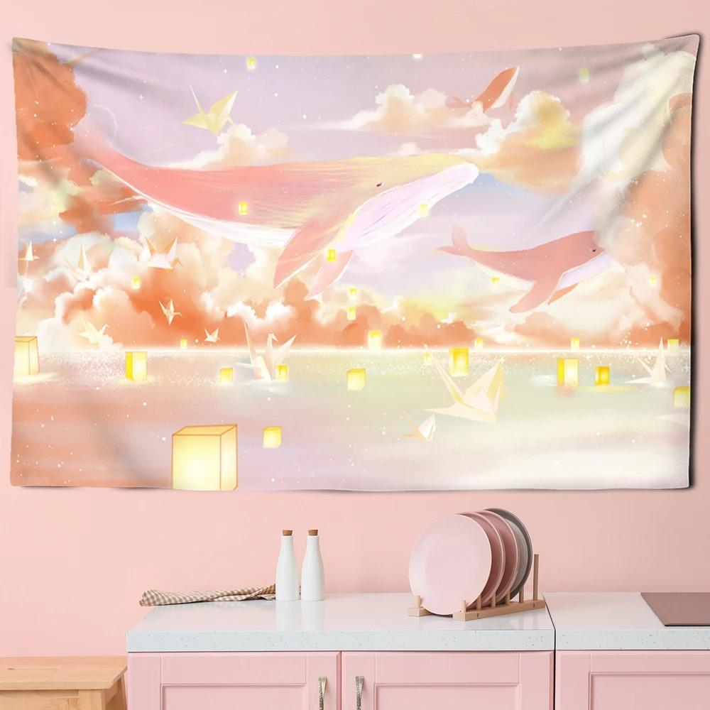 Whale Pattern Hanging Cloth Cartoon Pink Purple Cloud Room Tapestry Home Decoration Bedroom Wall Background Cloth