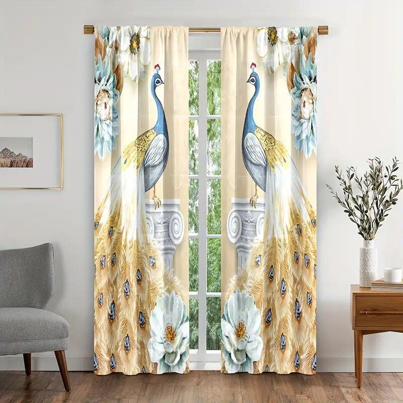 Elegant Noble Gold Blue Peacock Pattern Printed Curtains Window Decoration Home Room Curtain Polyester