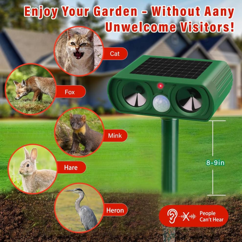 Humaner Tiervertreiber für Gartensicherheit, Bewegungsmelder-aktivierter Ultraschall-Tiervertreiber mit Solarladung, Outdoor-Tiervertreiber mit