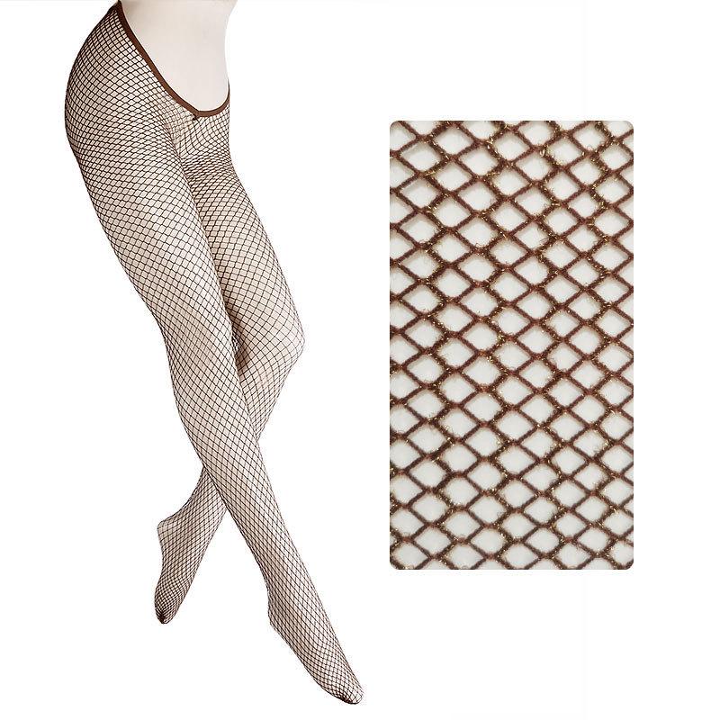 Women's Glittering V-Waist Fishnet Stockings with Silver and Gold Threads for Nightclub or Stage Wear