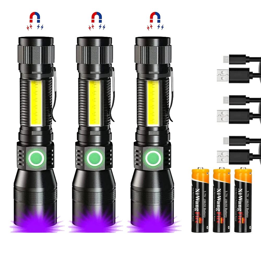 Powerful 3in1 LED Flashlight 365NM UV Light Flashlight Rechargeable Zoom Torch Pets Urine Stains Black Light Ultraviolet Lamp