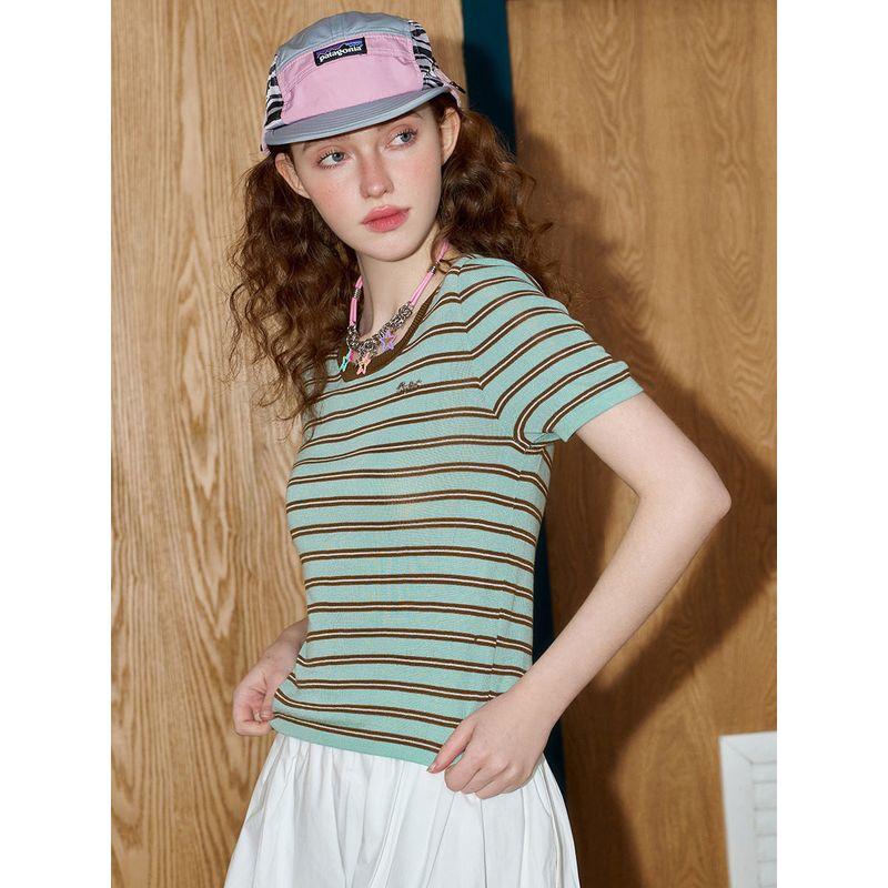 Coolhut Striped Color-Blocked Round Neck Slim-Fit Tencel Short-Sleeve Versatile Short Top 2025 Summer Women's Knitwear