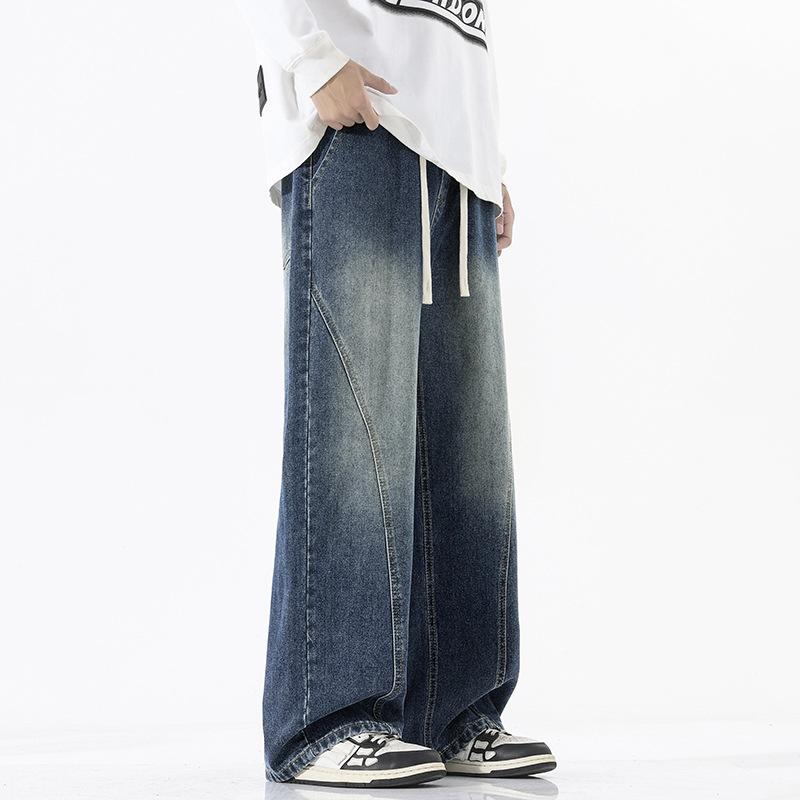 American High Street Trendy Brand Splicing Elastic Waist Jeans Men's Trend Versatile Loose Wide Legs Drape Straight Trousers