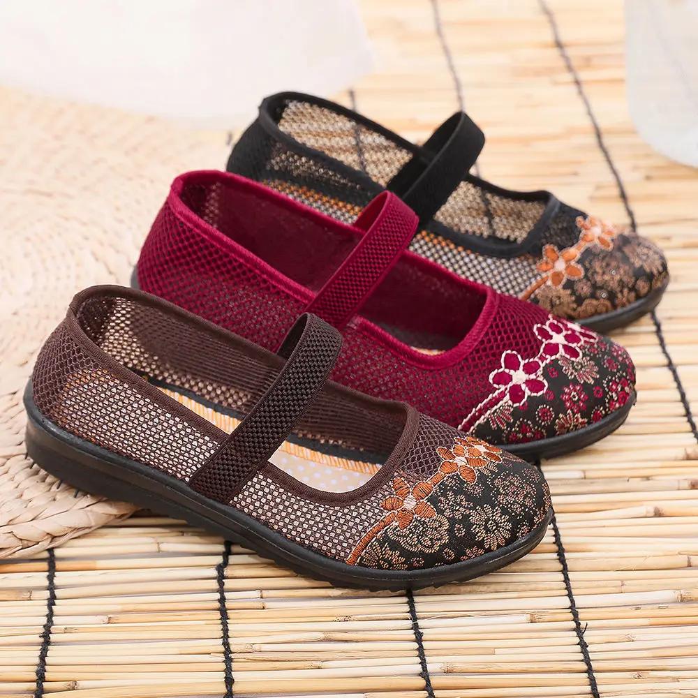 Cloth Shoes Chinese Style Embroidered Cloth Shoes Women Soft Bottom Mesh Breathable Ladies Casual Shoes Sandals Zapatos De Mujer