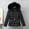 Hooded Collar Puffer Jacket Women Winter Large Fur Coat Women with Belt Warm Loose Parka Ladies Cotton Padded Overwear