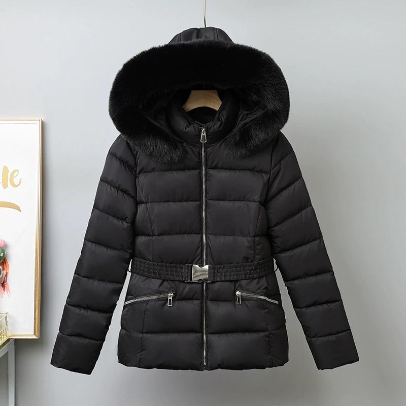 Hooded Collar Puffer Jacket Women Winter Large Fur Coat Women with Belt Warm Loose Parka Ladies Cotton Padded Overwear